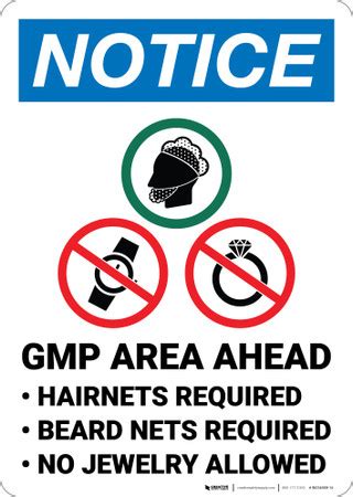 Notice: Gmp Area Ahead Watch and Jewelry Prohibited Icons Portrait - Wall Sign