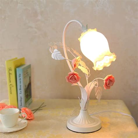 Pastoral style Korean wrought iron table lamp light pink rose flower ...