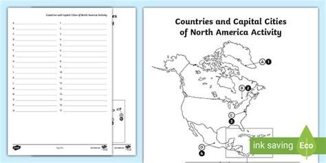 The Countries And Capital Cities Of North and Central America Labelling