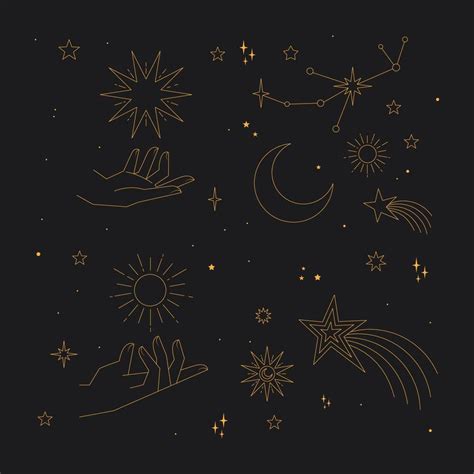 Astral stars linear icons. Mystic symbols, hands, planets, suns and moons. 16075423 Vector Art ...