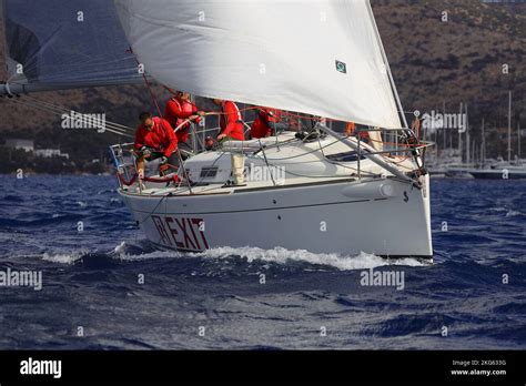 Bodrum,Turkey. 06 November 2022: Sailboats sail in windy weather in the blue waters of the ...