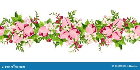 Horizontal Seamless Border with Pink Tulip and Freesia Flowers. Vector Illustration. Stock ...