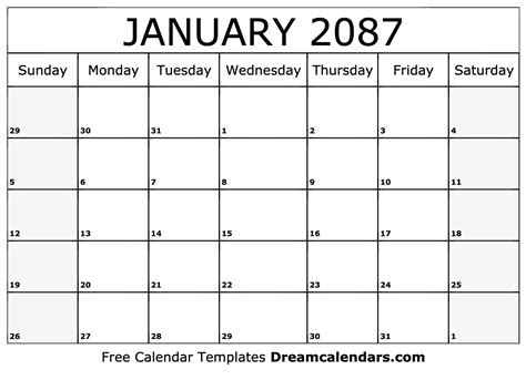 January 2087 Calendar - Free Printable with Holidays and Observances