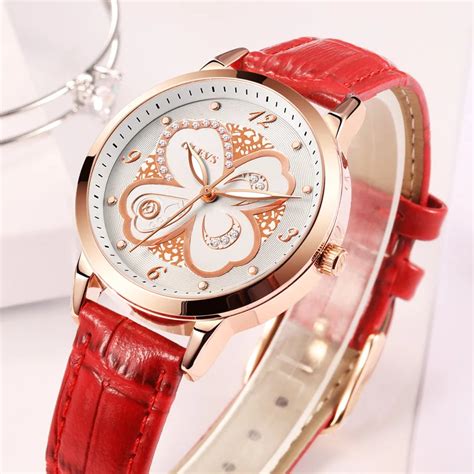 OLEVS Luxury Watches Women Red Leather Wrist watch Female Clock Elegant ...