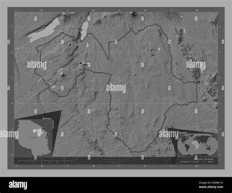 Manyara, region of Tanzania. Bilevel elevation map with lakes and ...