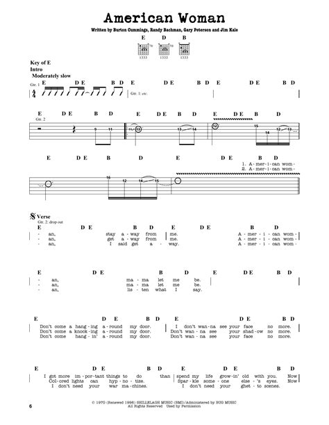 American Woman by The Guess Who Sheet Music for Guitar Cheat Sheet at Sheet Music Direct