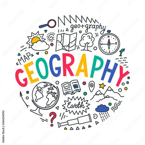 Geography. hand drawn word "geography" with educational doodles isolated on white background ...