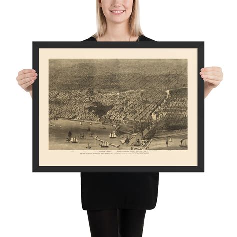 Aerial Chicago 1874 Map, 24 x 18 Framed Giclée Poster, Black Wood Frame ...