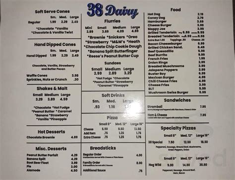 38 Dairy menu in New Castle, Indiana, USA