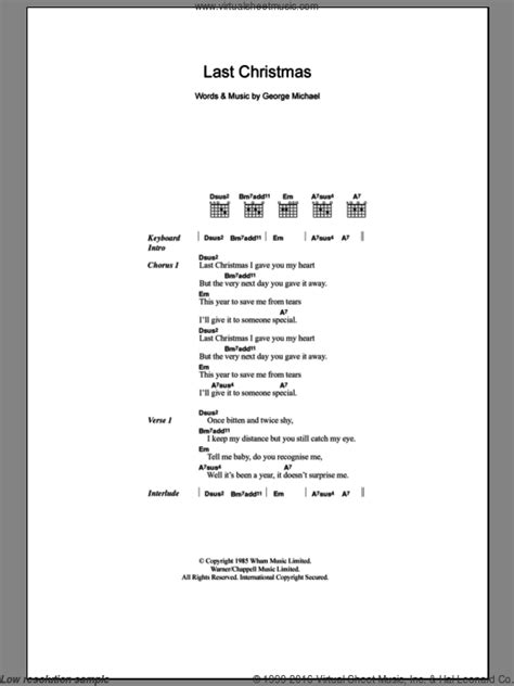 Wham! - Last Christmas sheet music for guitar (chords) (PDF) | Wham last christmas lyrics, Last ...