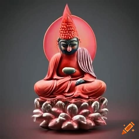 Image of a cardinal perched on a buddha statue