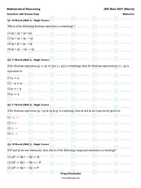 Mathongo Question Mathematical Reasoning Jee Main 2021 March Chapterwise TeUqJ96AmN3SdWAXm3FB | PDF