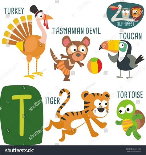 Cute Zoo Alphabet In Vector.T Letter. Funny Cartoon Animals: Tiger, Tasmanian Devil, Toucan ...