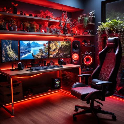 Premium AI Image | gaming computer setup rgb lighting and curved monitor with gaming chair rgb room