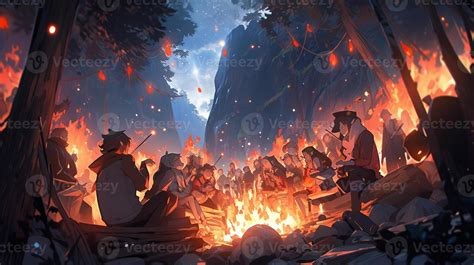 anime scene of a group of people sitting around a campfire. generative ...