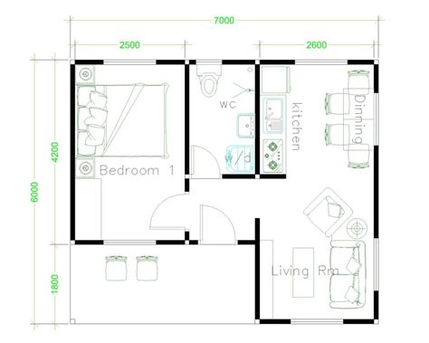 House Plans 7x6 with One Bedroom Flat Roof - SamHousePlans