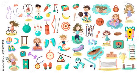 Kids doing sport games, vector cartoon illustration. Playing, jumping ...