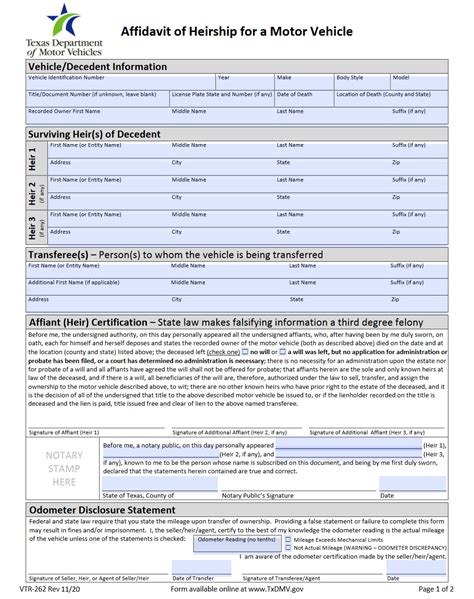 Form VTR-262. Affidavit of Heirship for a Motor Vehicle | Forms - Docs - 2023