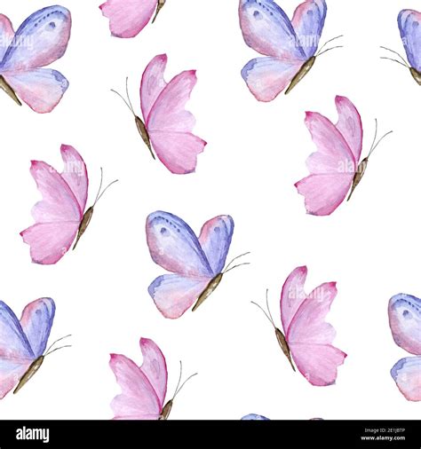 Seamless watercolor hand drawn pattern with pink purple lavender violet butterflies. Trendy wild ...