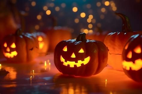 Premium AI Image | Halloween pumpkins in a row with lights in the background