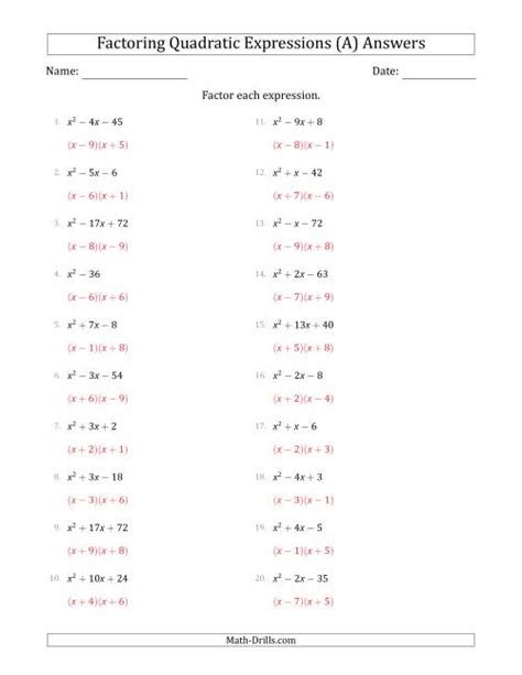 42 factoring trinomials a 1 worksheet answers - Worksheet Database