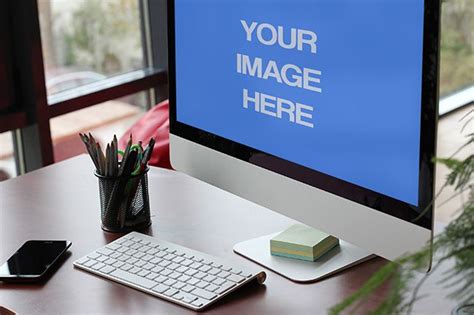 iMac on Office Desk Mockup - Mediamodifier - Online mockup generator | Mockup desk, Imac, Office ...