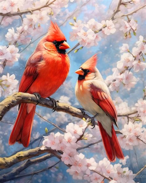 Premium AI Image | A painting of a cardinal and a bird on a branch