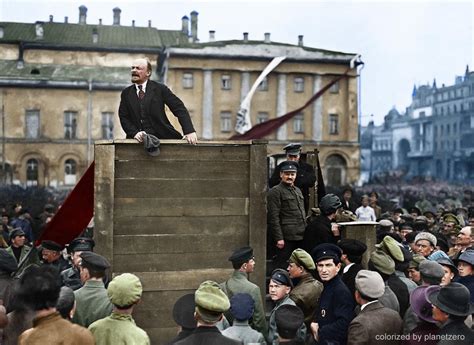 Lenin speaking to red army troops leaving for the front. Moscow, may 5th 1920. Colorized by ...