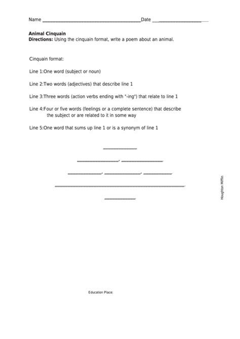 Animal Cinquain Poem Worksheet printable pdf download