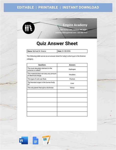 Quiz Answer Sheet Template - Google Docs, Word, Apple Pages | Template.net