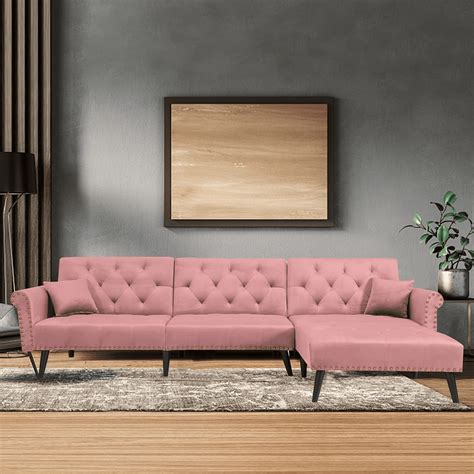 Aukfa 115" Velvet Sectional Sleeper Sofa - Button Tufted - Nailhead Decor - Pink - Walmart.com
