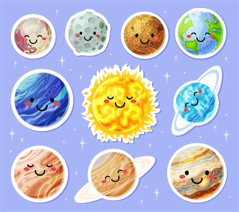 Planet stickers. Cartoon planets with cute faces. Sun, earth, moon, mars sticker. Funny solar ...