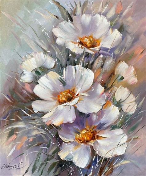 White Daisies Oil Painting Original Abstract Large Canvas Wild Flowers Wall Art Gerbera Daisy ...