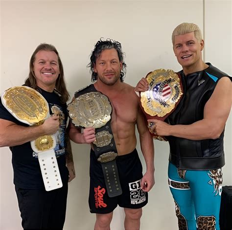 Kenny omega chris jericho and cody rhodes with their IWGP championships ...