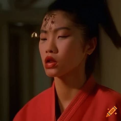 80s movie scene with bruised asian female fighter in a dizzy state on Craiyon
