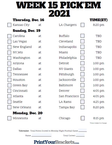 Nfl Week 15 Printable Pickem