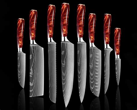 Stunning 8-piece Crimson Red Kitchen Knife Set With Damascus - Etsy