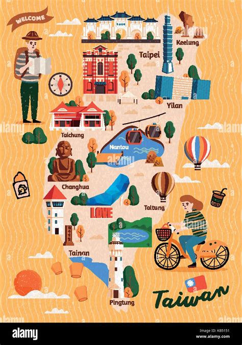 Taiwan Travel map, hand drawn style attractions and specialties with ...