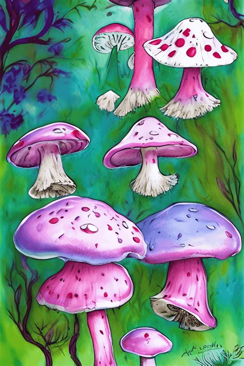 Alice in Wonderland Mushrooms Whimsical Pastel Pretty Watercolor Painting · Creative Fabrica