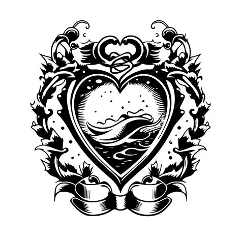 Corazón signo tatuaje diseño blanco y negro dibujado a mano ilustración | Vector Premium