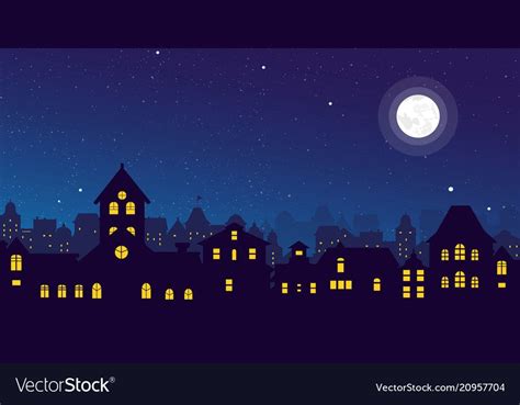 Vector illustration of the night town skyline with a full moon over ...