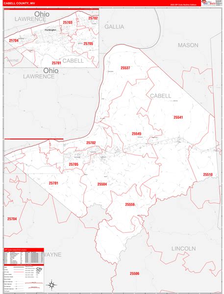 Cabell County, WV Zip Code Wall Map Red Line Style by MarketMAPS - MapSales