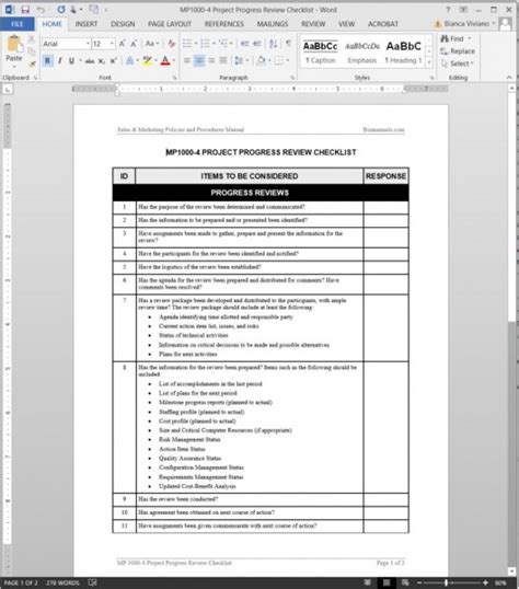 Project Progress Review Checklist Template Word