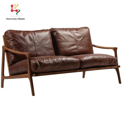 Vintage MID-Century 2 Seater Wood Frame Modern Brown Leather Sofa ...