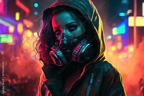 A beautiful anime girl in a hoodie wearing a gas mask in a colorful ...