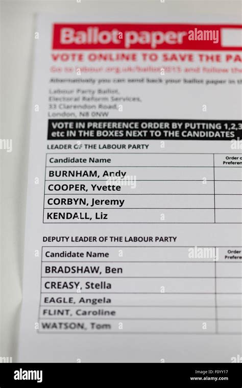 UK. 24th August, 2015. Labour Party Leadership voting form showing the ...