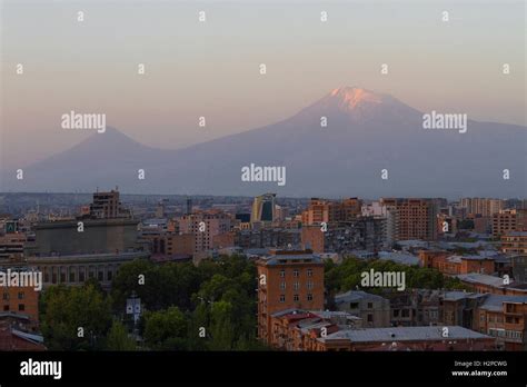 View over the two peaks of the Mt Ararat at the sunrise in Yerevan ...