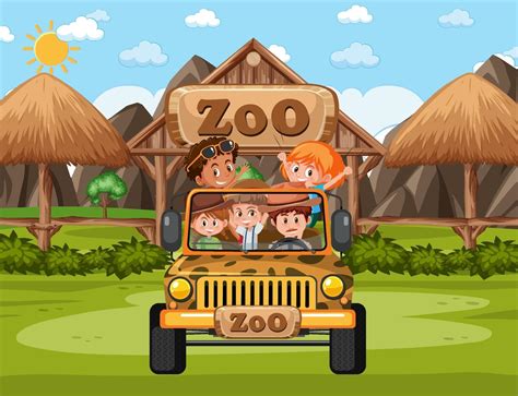 Children on tourist car explore in the zoo scene 3303916 Vector Art at ...