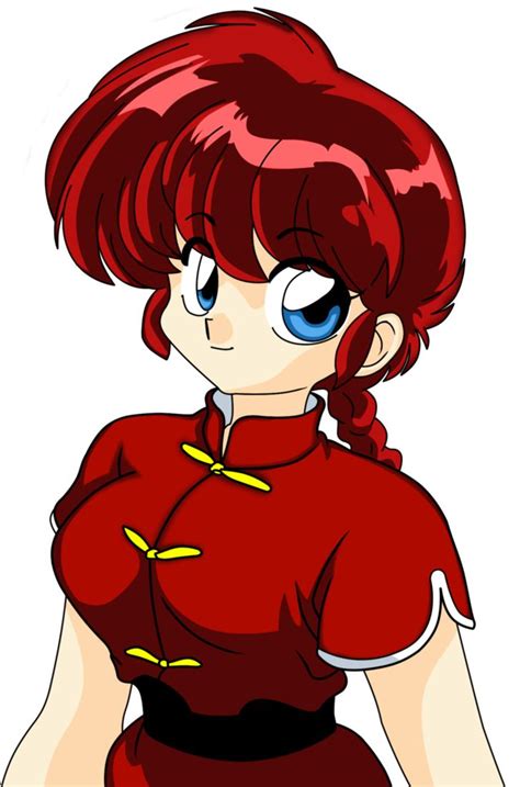 an anime girl with red hair and blue eyes wearing a red dress, standing in front of a white ...