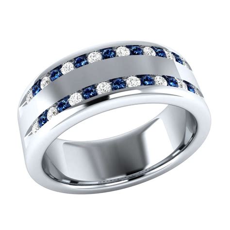 1.10 ct Round Blue Sapphire Ring Mens Wedding Band 14K White Gold Over ...